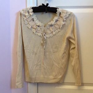 Elegant Cream Lace Trim Sweater